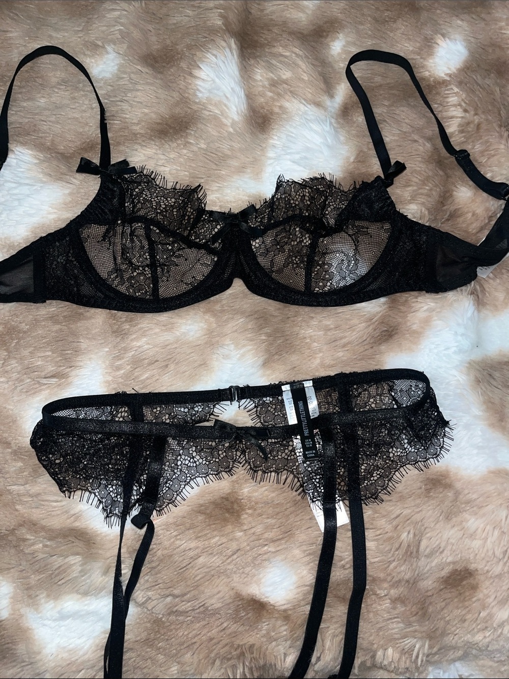 PrettyLittleThing Black Sheer Lace Bra and Garter Set